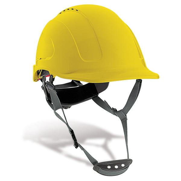od. "OUNTAIN". Casco de protección AB cierre ruleta, arnés textil 6 puntos y barbiquejo. Color Amarillo.