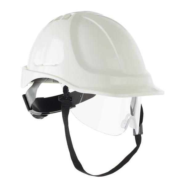 od. "VIION". Casco de protección para la industria eléctricamente aislante con visor retráctil cierre ruleta.