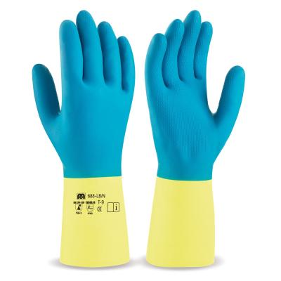 Guante de látex azul/amarillo con refuerzo de neopreno para riesgos mecánicos, químicos y microorganismos. 7