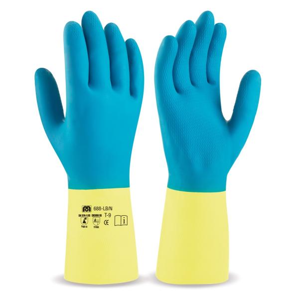 Guante de látex azul/amarillo con refuerzo de neopreno para riesgos mecánicos, químicos y microorganismos. 7