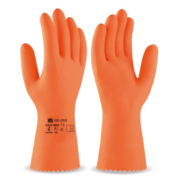 Guante tipo industrial de látex naranja para riesgos mecánicos, químicos y microorganismos. 7
