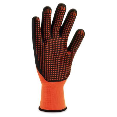 Guante de poliamida y licra naranja recubierto de espuma de nitrilo negro con puntos 7