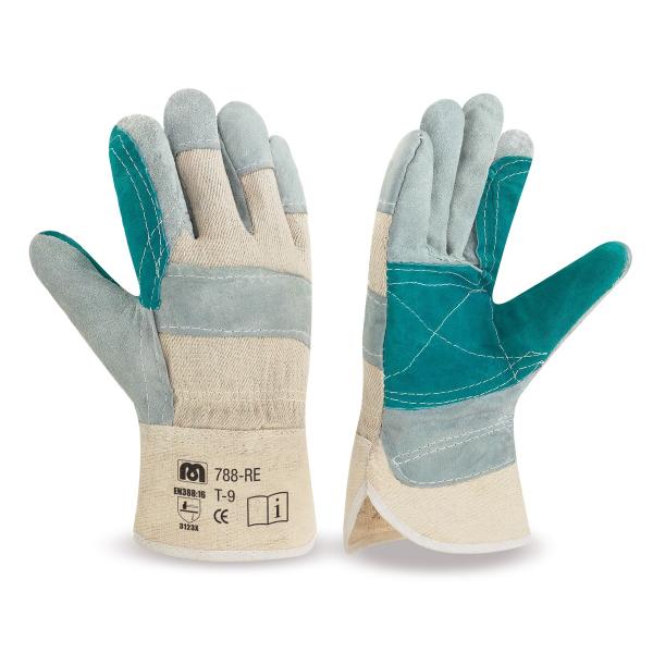 Guante tipo americano mixto de serraje vacuno/lona reforzado en palma, índice y pulgar.