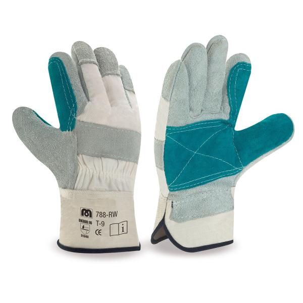 Guante tipo americano mixto de serraje vacuno1ª/lona reforzado en palma, índice y pulgar. anguito rígido y costuras de refuerzo.