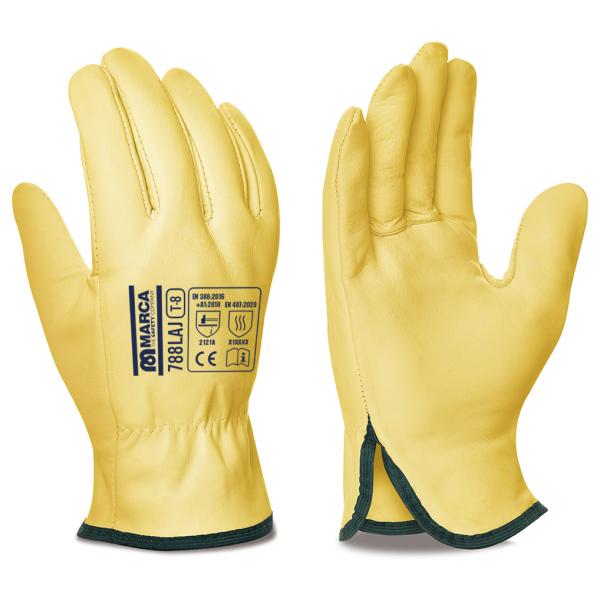 Guante tipo conductor de piel flor vacuno amarillo con ribete. 8